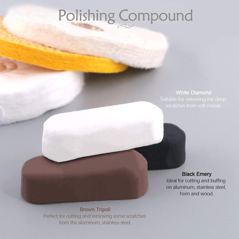 Rustark 6 Piece Polishing Compounds Kit with 3 Assorted Buffing Wheels Including Black Emery, Brown Tripoli, White Diamond, Yellow (30 Ply) Flannel (30 Ply), Cotton (40 Ply) for polishing - Image 5